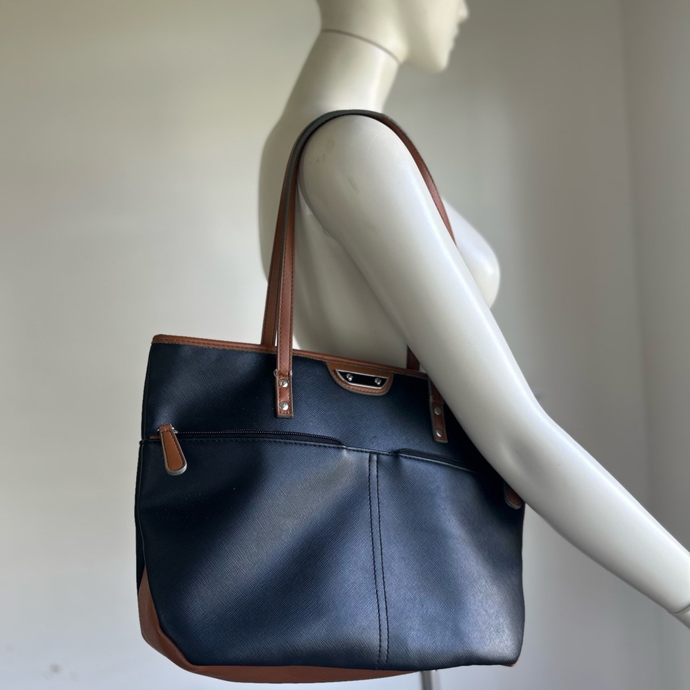Leather Two-Tone Tote Bag - Navy and Brown